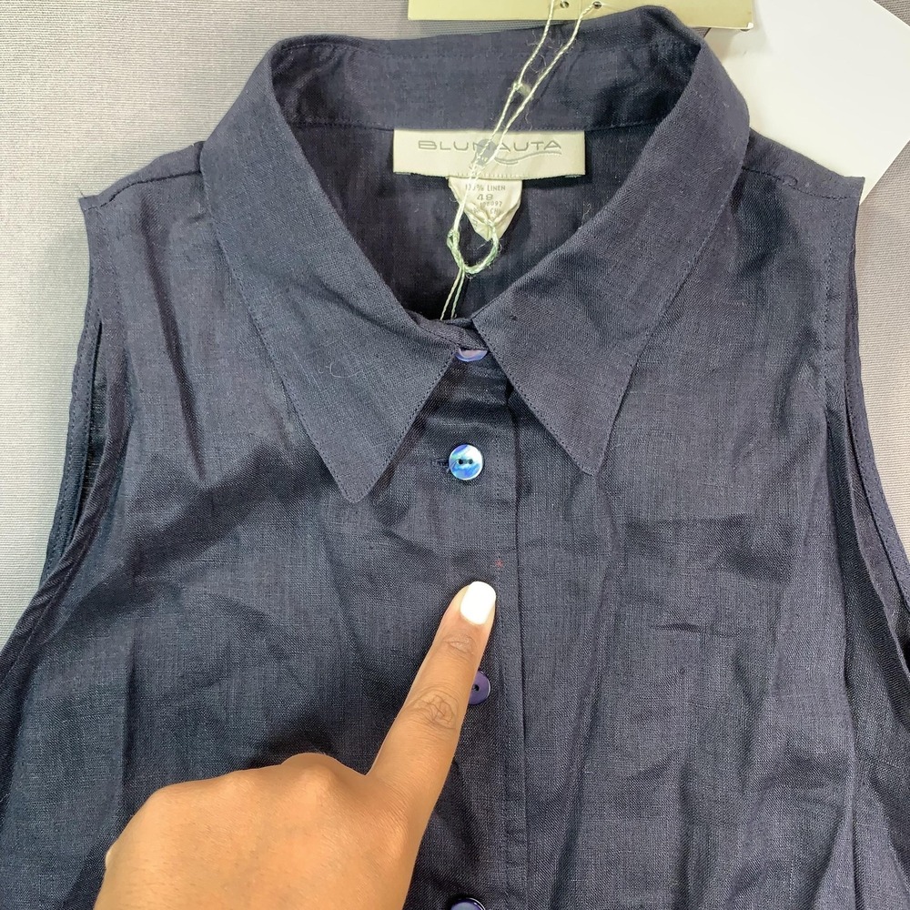 NEW Blunauta Shirt Womens 48 Black & Navy Linen Sleeveless Button Front Tie Hem - Picture 3 of 15